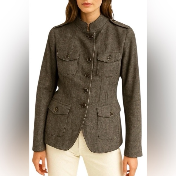 Banana Republic Wool Blend Distressed Herringbone Military Jacket Women Size 16T - Picture 3 of 16